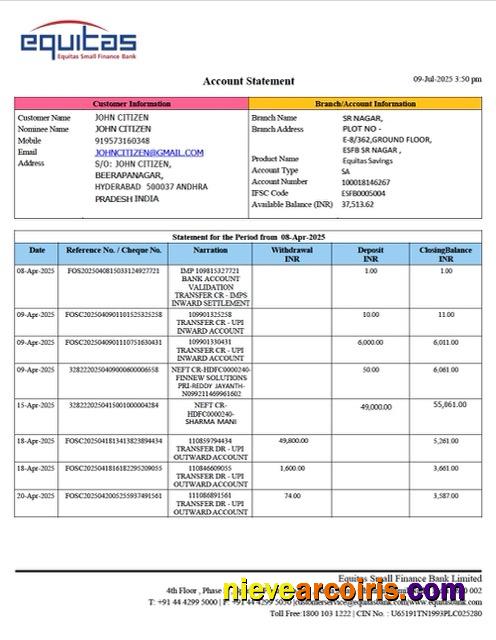 India Equitas Small Finance Bank account statement Word and PDF